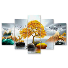 Golden Deer & Autumn Tree 5-Piece Wall Art Set