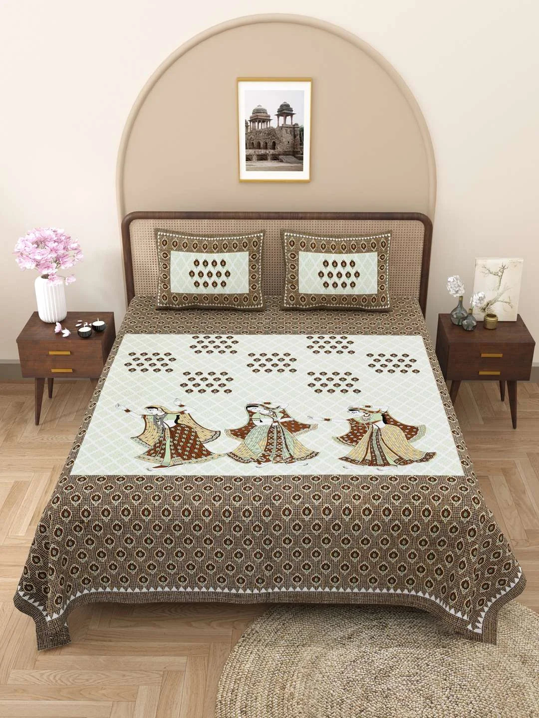 100% Pure Cotton Traditional Printed Bedsheet for Double Bed King Size Bedsheet with 2 Pillow Covers - TN Creations