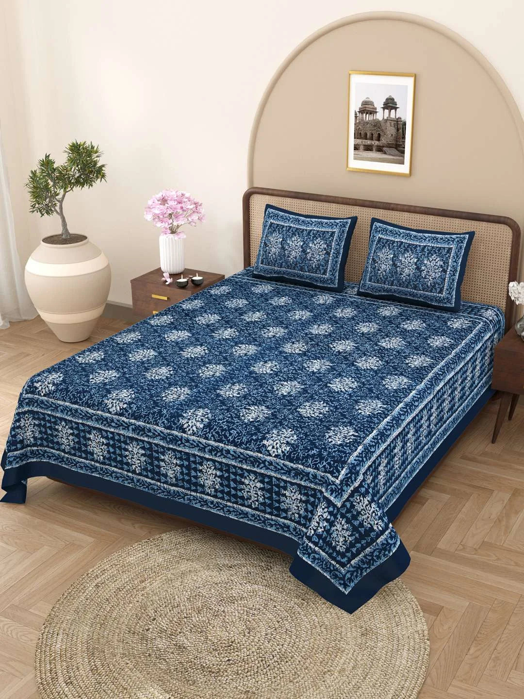 100% Pure Cotton Traditional Printed Bedsheet for Double Bed King Size Bedsheet with 2 Pillow Covers - TN Creations