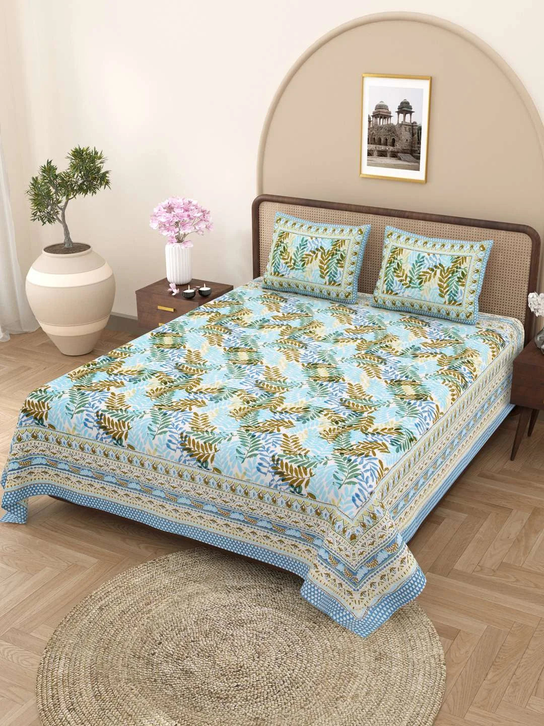 100% Pure Cotton Traditional Printed Bedsheet for Double Bed King Size Bedsheet with 2 Pillow Covers - TN Creations