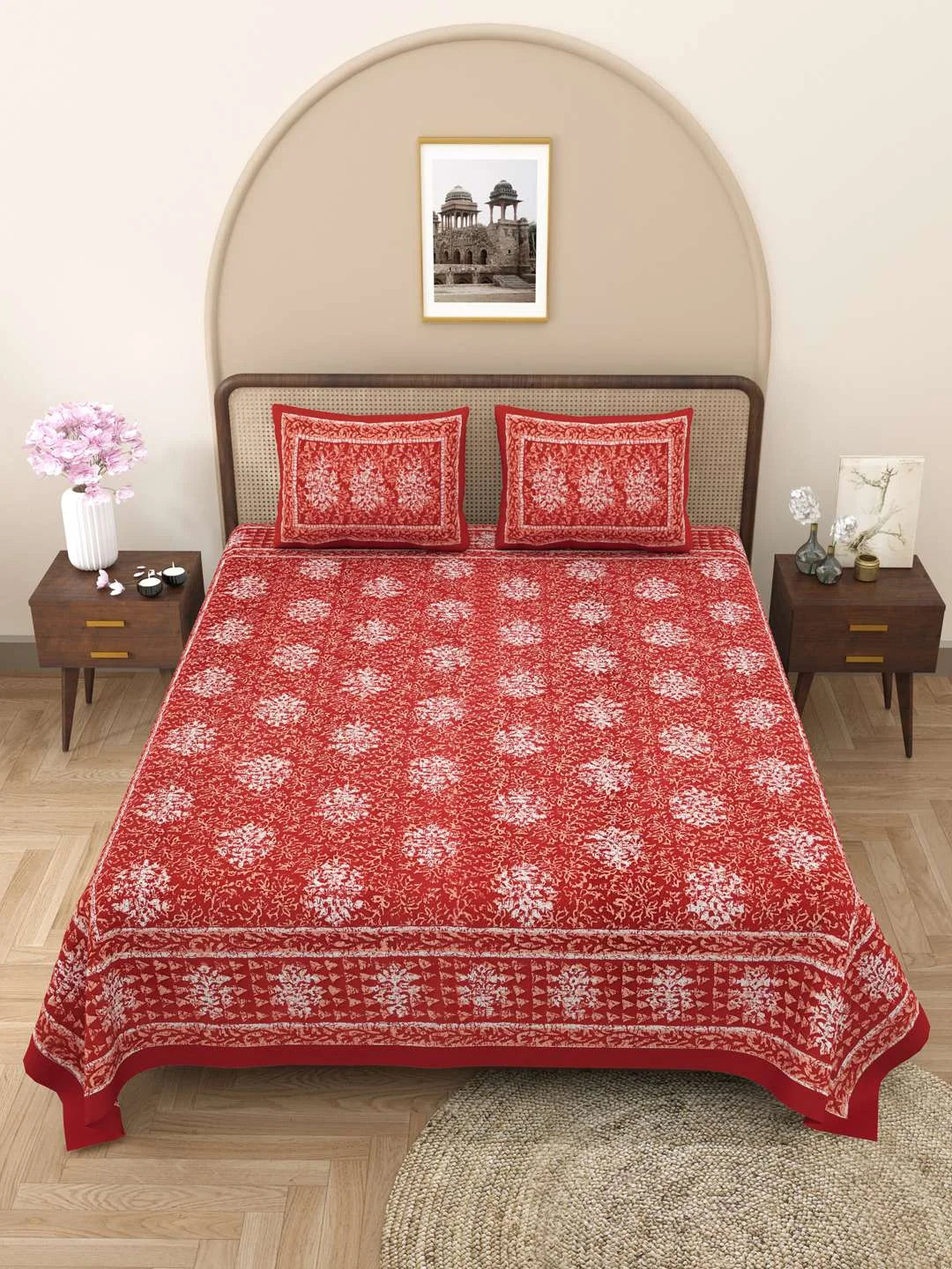 100% Pure Cotton Traditional Printed Bedsheet for Double Bed King Size Bedsheet with 2 Pillow Covers - TN Creations