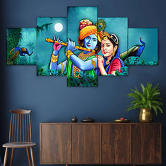 Radha Krishna with Peacocks 5-Piece Wall Art Set