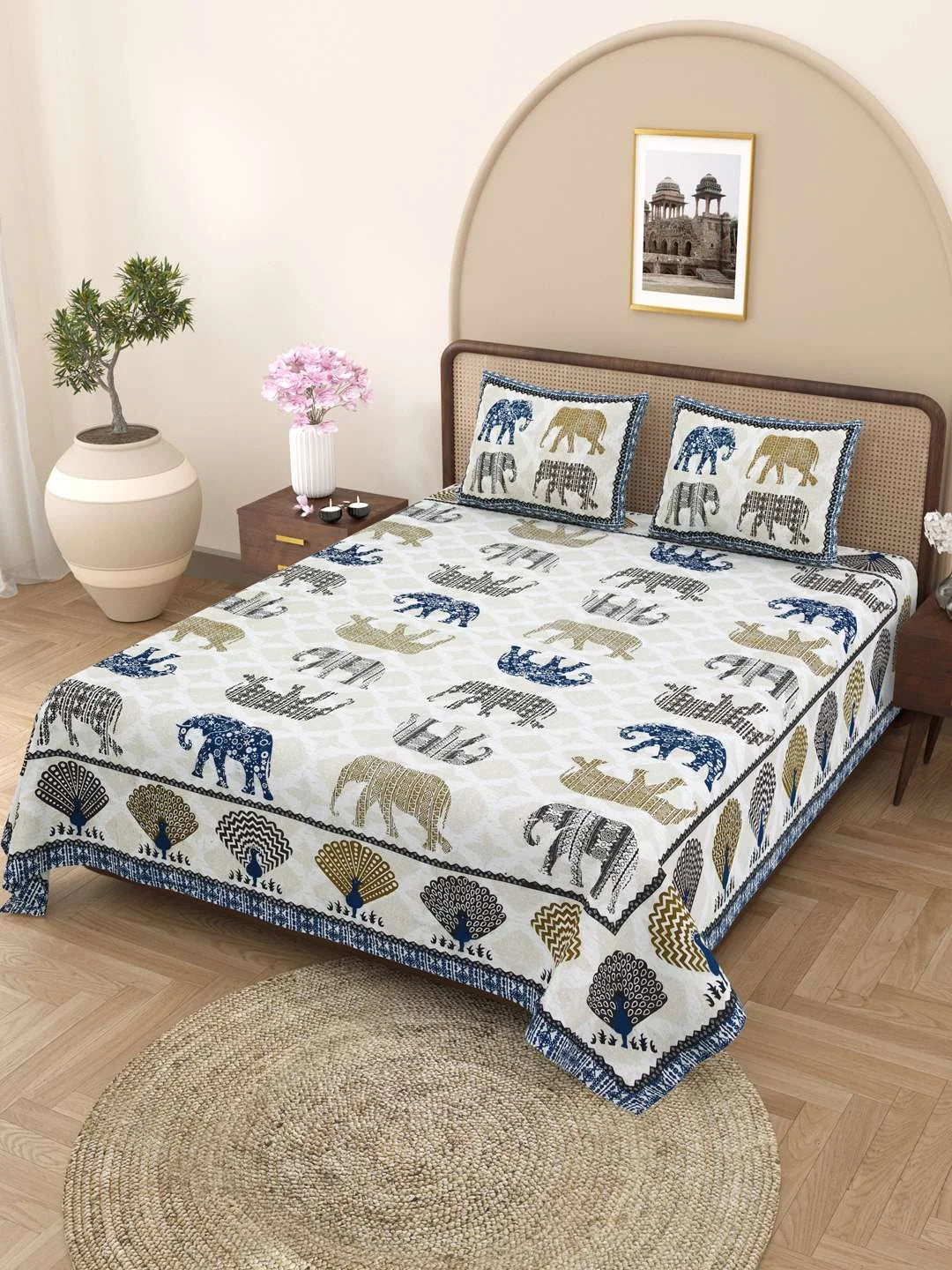 100% Pure Cotton Traditional Printed Bedsheet for Double Bed King Size Bedsheet with 2 Pillow Covers - TN Creations