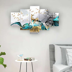 Golden Deer & Blue Waves 5-Piece Wall Art Set