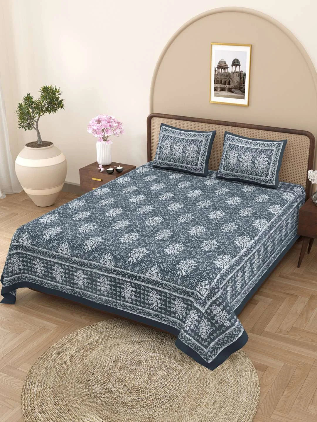 100% Pure Cotton Traditional Printed Bedsheet for Double Bed King Size Bedsheet with 2 Pillow Covers - TN Creations