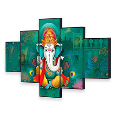Vibrant Green Lord Ganesha 5-Piece Wall Art Set