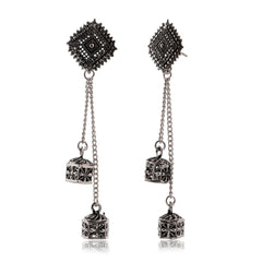 Diamond‑Stud Double‑Cube Tassel Earrings