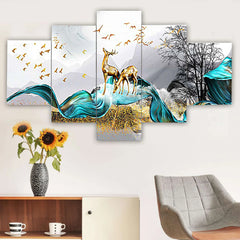 Golden Deer & Blue Waves 5-Piece Wall Art Set