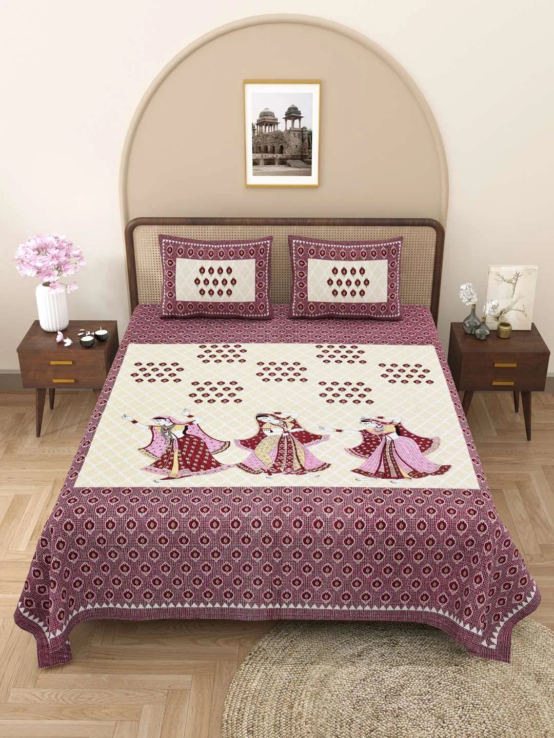 100% Pure Cotton Traditional Printed Bedsheet for Double Bed King Size Bedsheet with 2 Pillow Covers - TN Creations