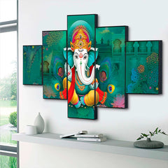 Vibrant Green Lord Ganesha 5-Piece Wall Art Set