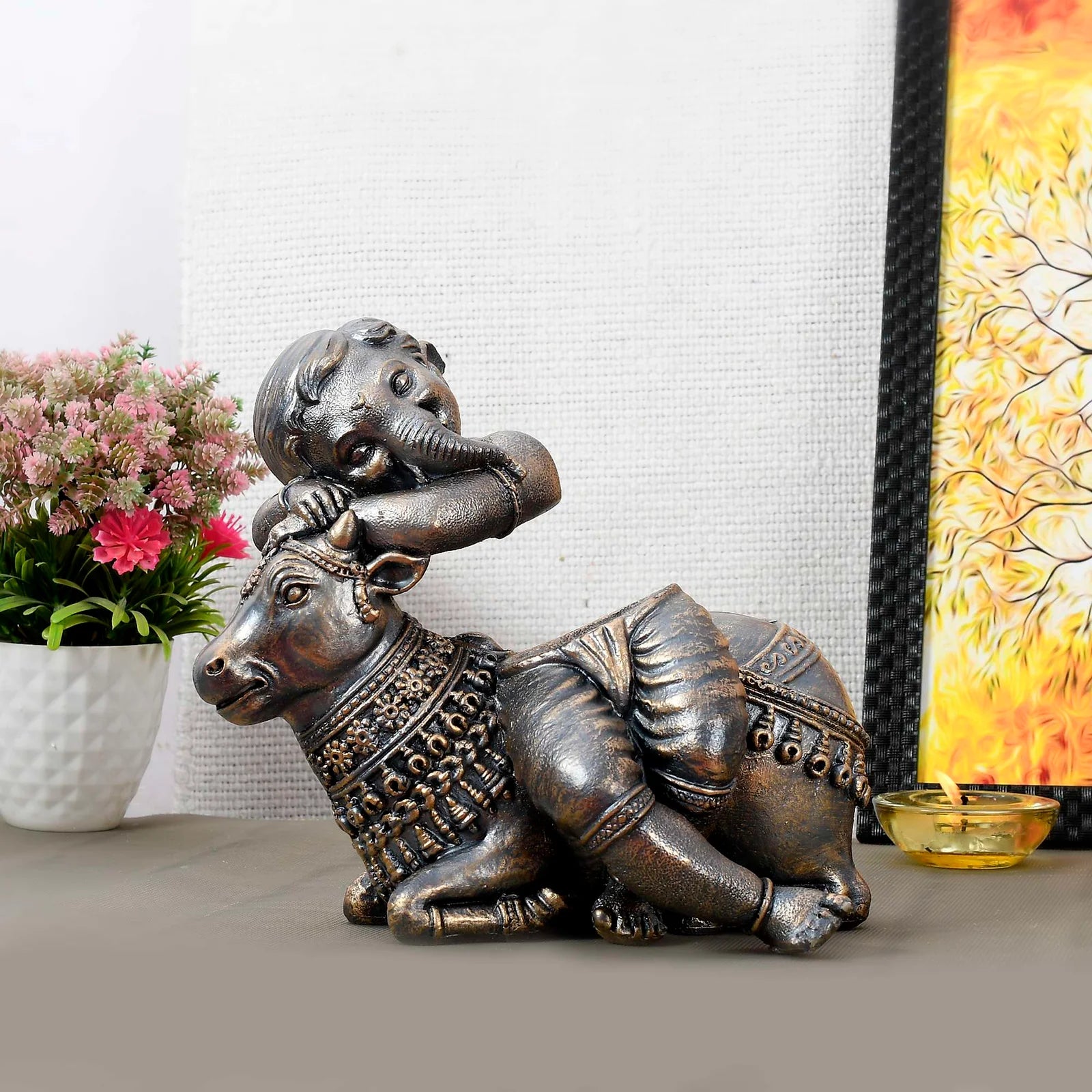 Handcrafted Brass Cow Statue with Ganesha Relief - TN Creations