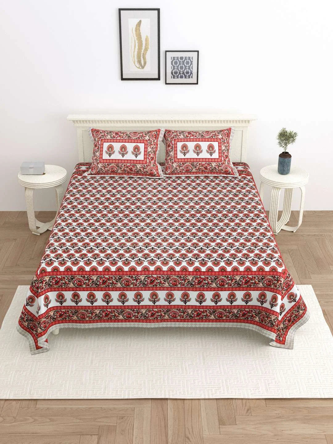 100% Pure Cotton Traditional Printed Bedsheet for Double Bed King Size Bedsheet with 2 Pillow Covers - TN Creations