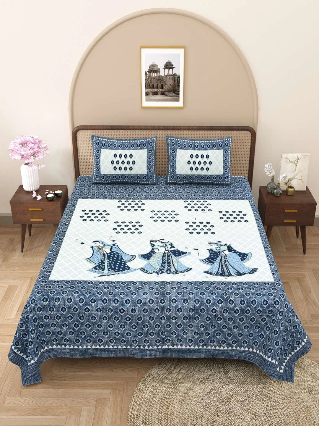 100% Pure Cotton Traditional Printed Bedsheet for Double Bed King Size Bedsheet with 2 Pillow Covers - TN Creations