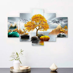 Golden Deer & Autumn Tree 5-Piece Wall Art Set