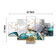 Golden Deer & Blue Waves 5-Piece Wall Art Set