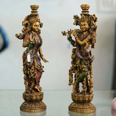 Pair of Brass Statues: Man Playing Flute and Woman Holding Flower - TN Creations