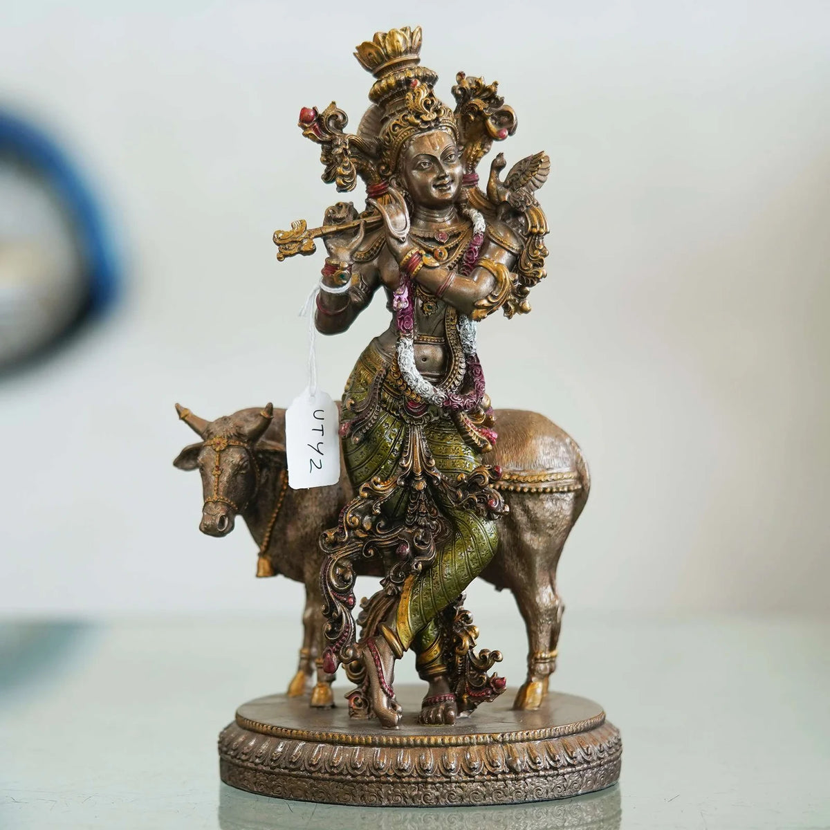 Veronese Design Krishna Playing Flute with Cow Statue - TN Creations