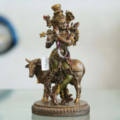 Veronese Design Krishna Playing Flute with Cow Statue - TN Creations