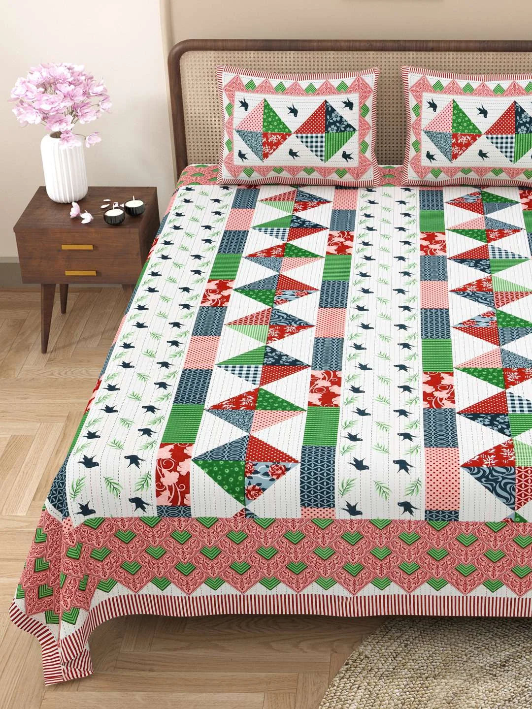 100% Pure Cotton Traditional Printed Bedsheet for Double Bed King Size Bedsheet with 2 Pillow Covers - TN Creations