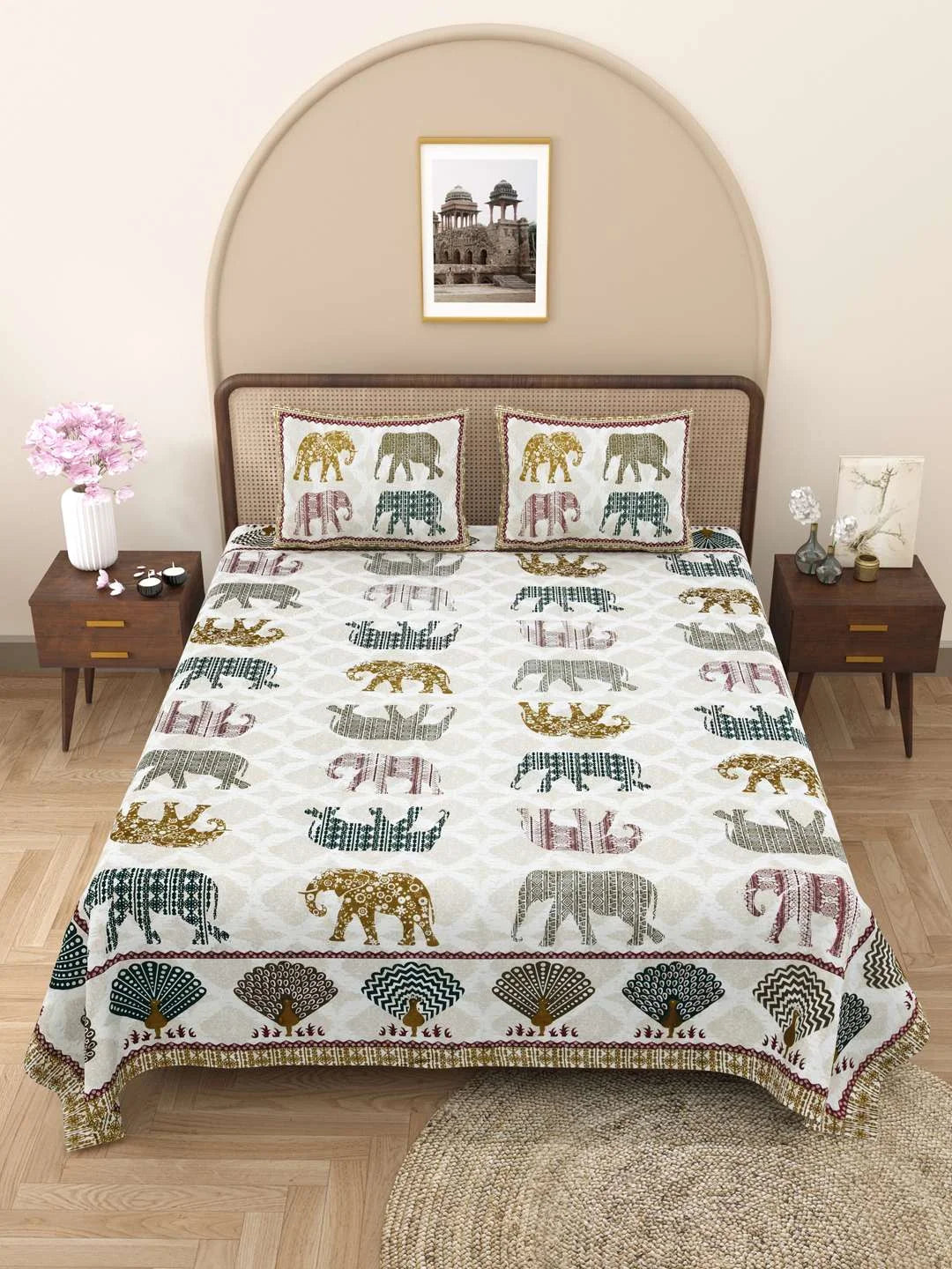 100% Pure Cotton Traditional Printed Bedsheet for Double Bed King Size Bedsheet with 2 Pillow Covers - TN Creations