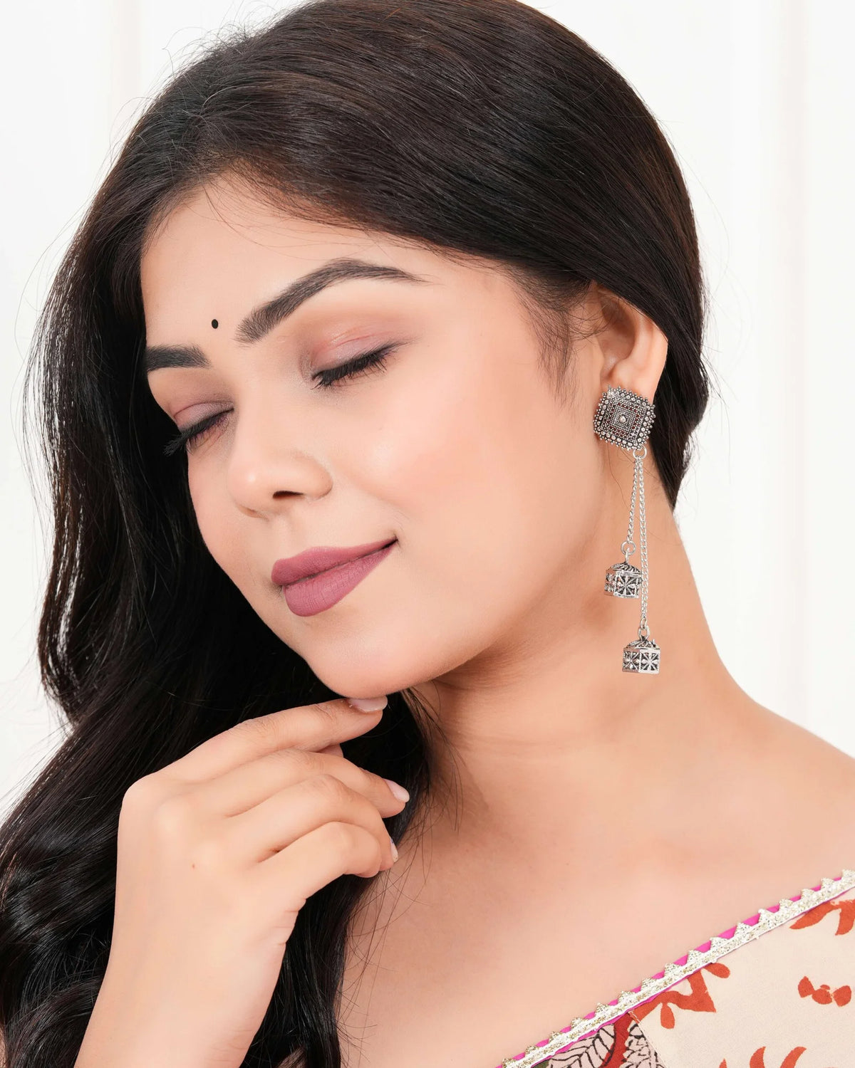 Diamond‑Stud Double‑Cube Tassel Earrings