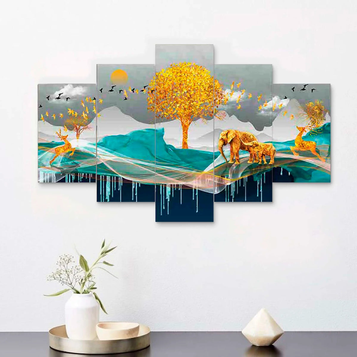 Golden Wildlife & Autumn Tree 5-Piece Wall Art Set