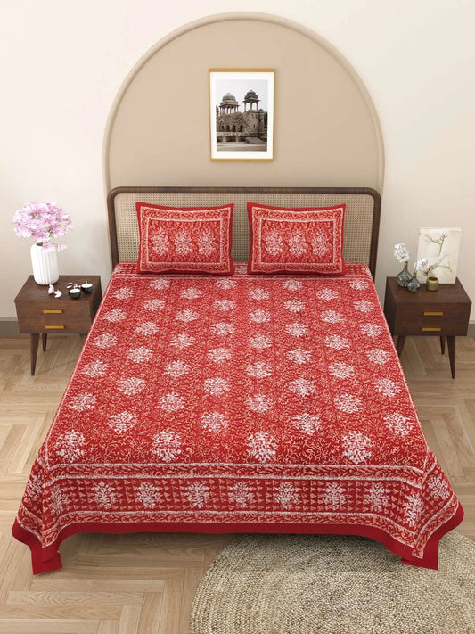100% Pure Cotton Traditional Printed Bedsheet for Double Bed King Size Bedsheet with 2 Pillow Covers