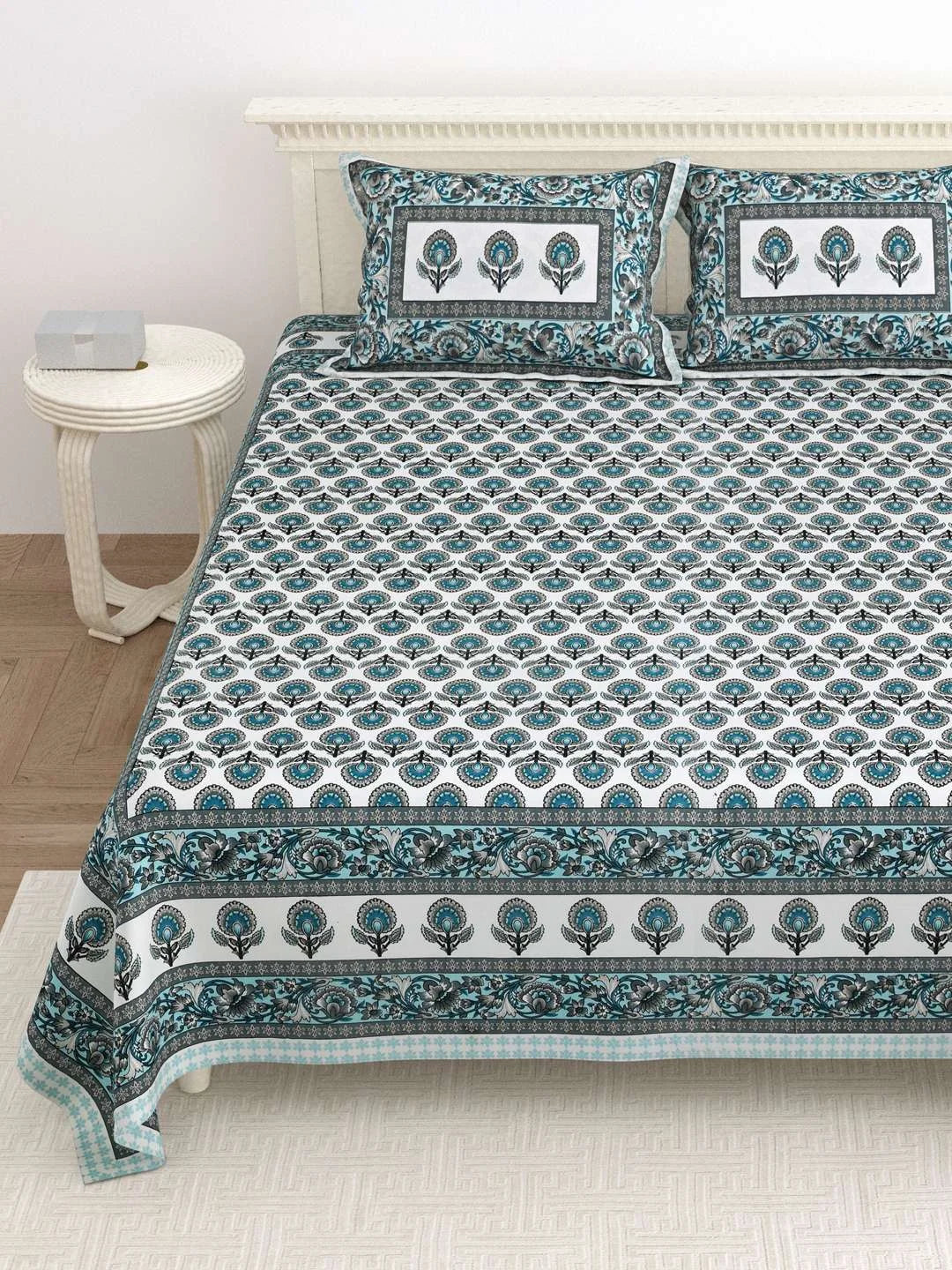100% Pure Cotton Traditional Printed Bedsheet for Double Bed King Size Bedsheet with 2 Pillow Covers - TN Creations