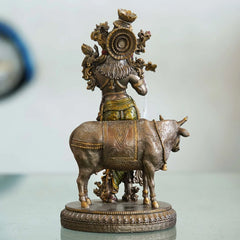 Veronese Design Krishna Playing Flute with Cow Statue - TN Creations