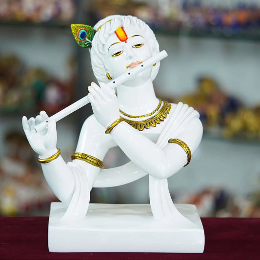 Handmade Marble Krishna Flute Statue – Elegant Home & Temple Décor