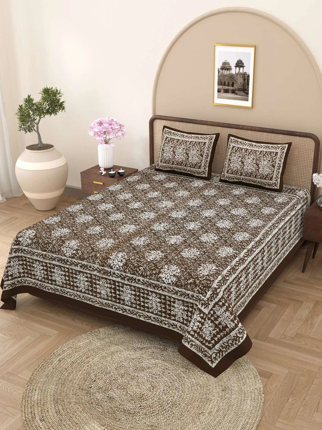 100% Pure Cotton Traditional Printed Bedsheet for Double Bed King Size Bedsheet with 2 Pillow Covers - TN Creations