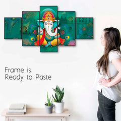 Vibrant Green Lord Ganesha 5-Piece Wall Art Set
