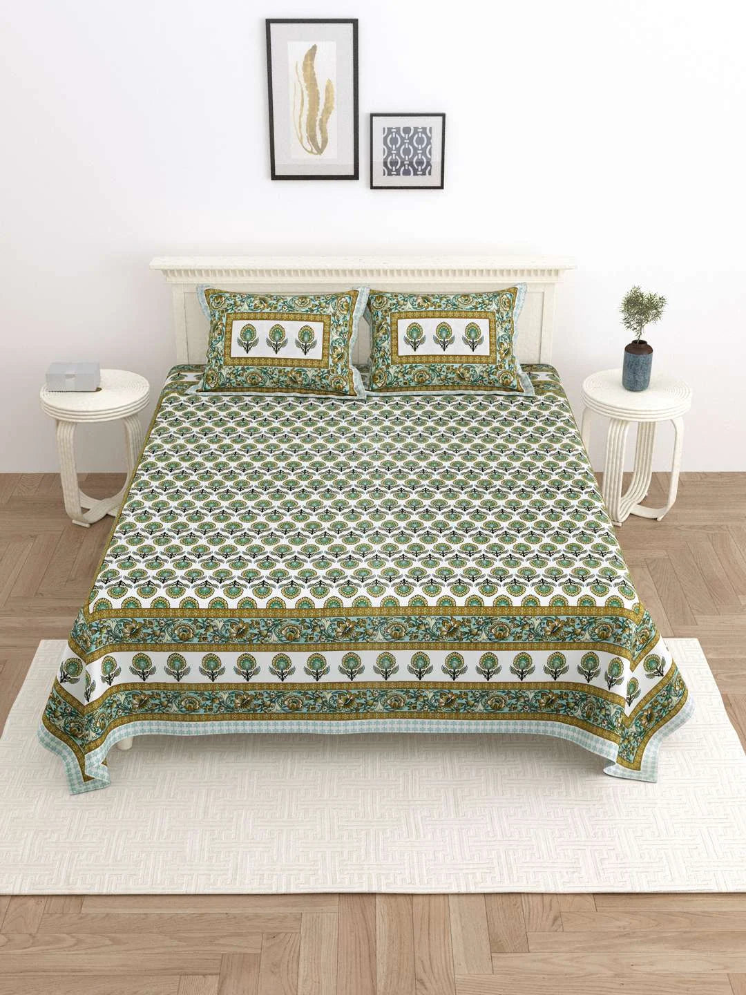 100% Pure Cotton Traditional Printed Bedsheet for Double Bed King Size Bedsheet with 2 Pillow Covers - TN Creations