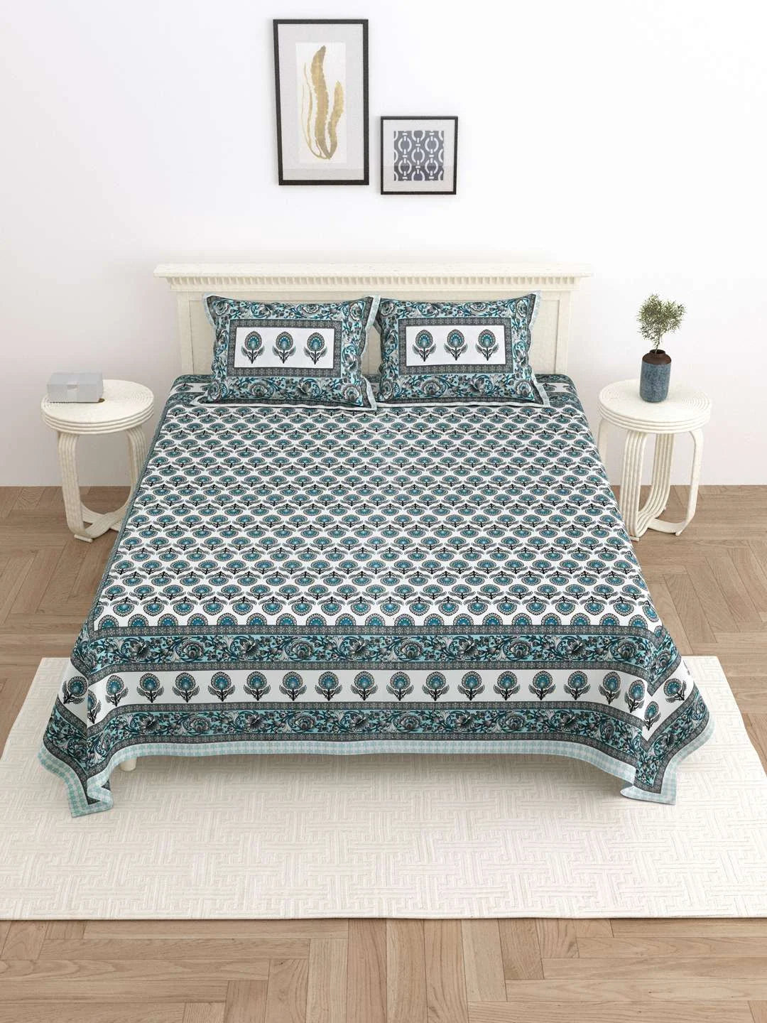 100% Pure Cotton Traditional Printed Bedsheet for Double Bed King Size Bedsheet with 2 Pillow Covers - TN Creations