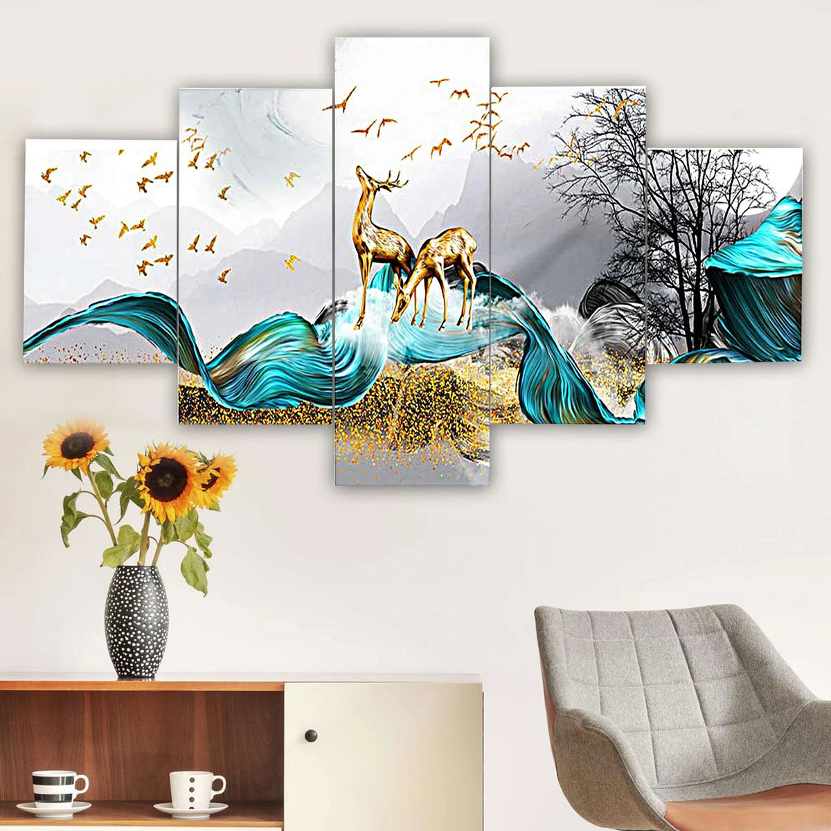 Golden Deer & Blue Waves 5-Piece Wall Art Set