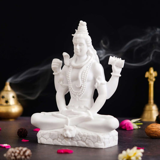 Handicraft Marble Dust Lord Shiv Ji Statue – Sitting Mahakal Idol for Pooja & Office Décor