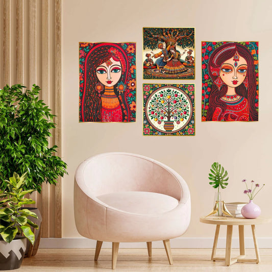 Premium Set of 4 Golden Framed Wall Paintings