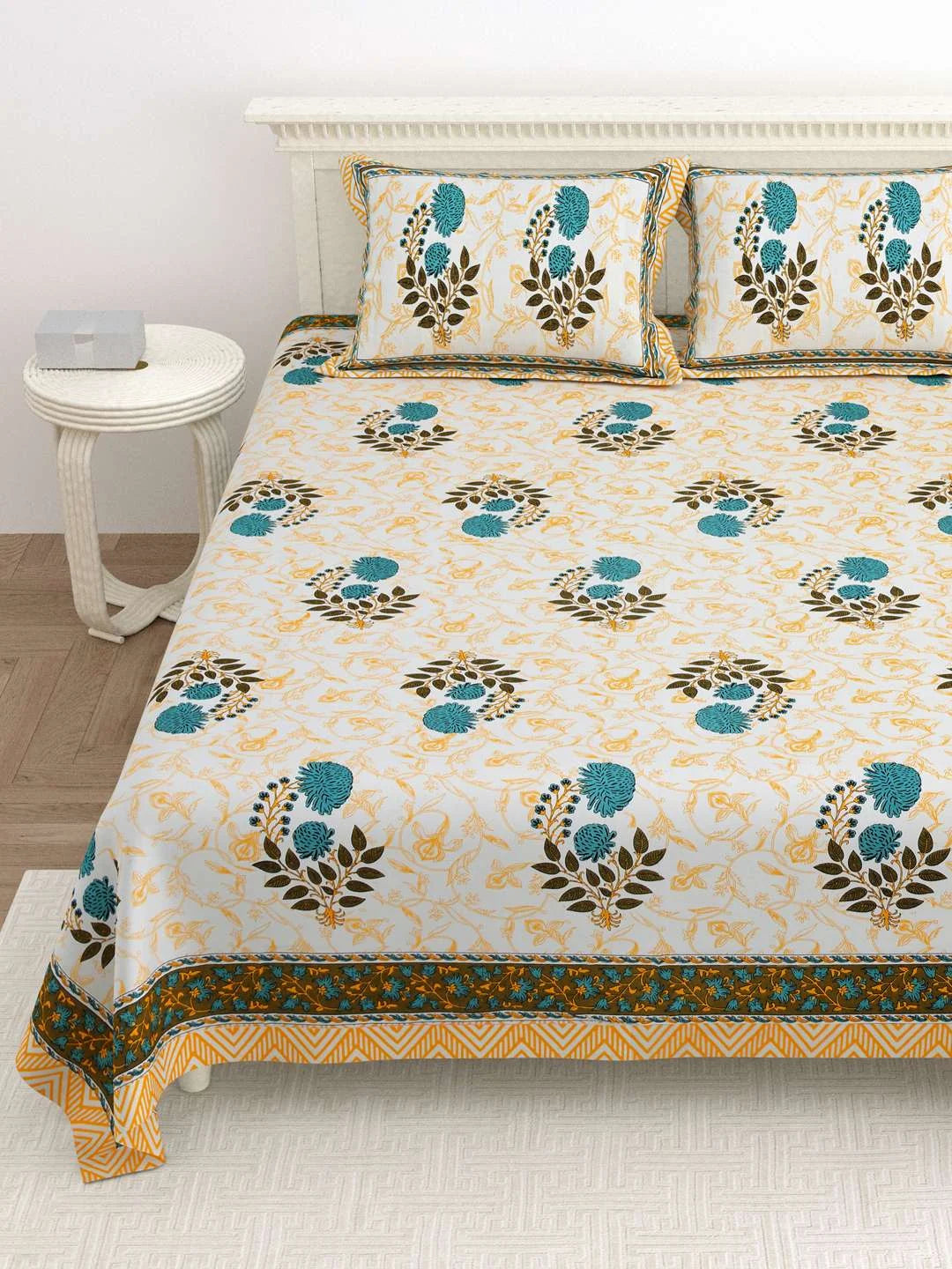 100% Pure Cotton Traditional Printed Bedsheet for Double Bed King Size Bedsheet with 2 Pillow Covers - TN Creations