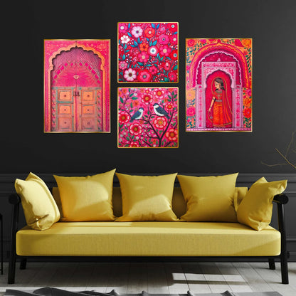 Premium Set of 4 Golden Framed Wall Paintings