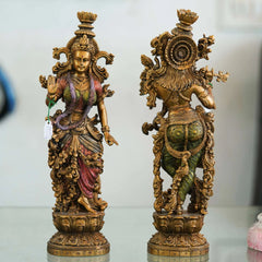 Pair of Brass Statues: Man Playing Flute and Woman Holding Flower - TN Creations