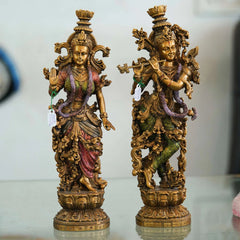Pair of Brass Statues: Man Playing Flute and Woman Holding Flower - TN Creations