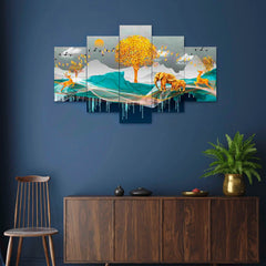 Golden Wildlife & Autumn Tree 5-Piece Wall Art Set