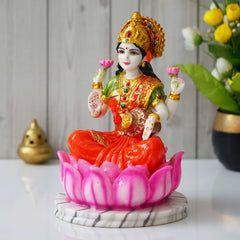 Hindu Goddess Lakshmi Statue Sitting on Lotus Flower (10.5 Inch) - TN Creations