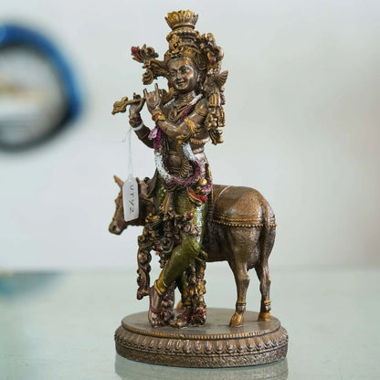 Veronese Design Krishna Playing Flute with Cow Statue