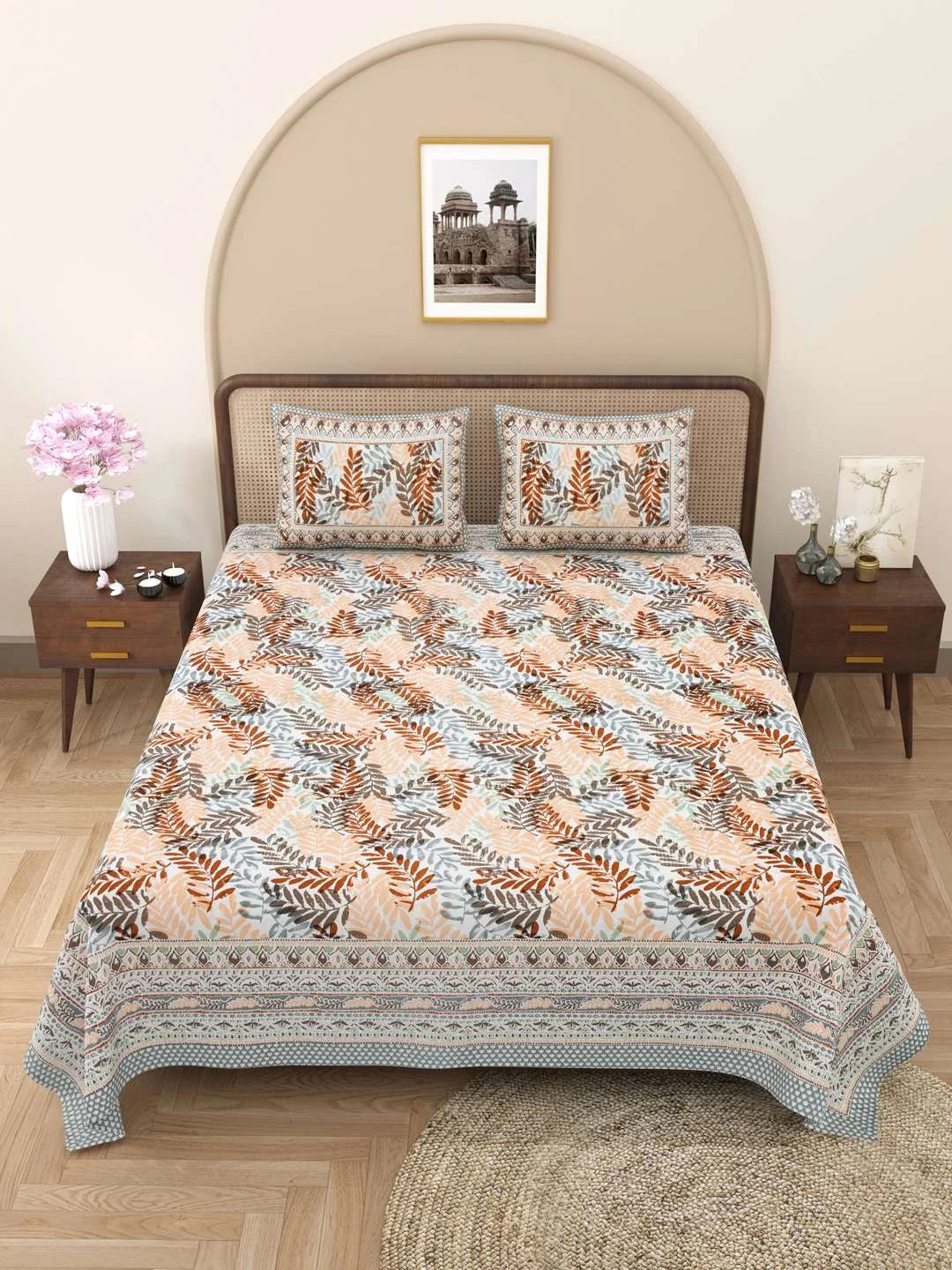 100% Pure Cotton Traditional Printed Bedsheet for Double Bed King Size Bedsheet with 2 Pillow Covers