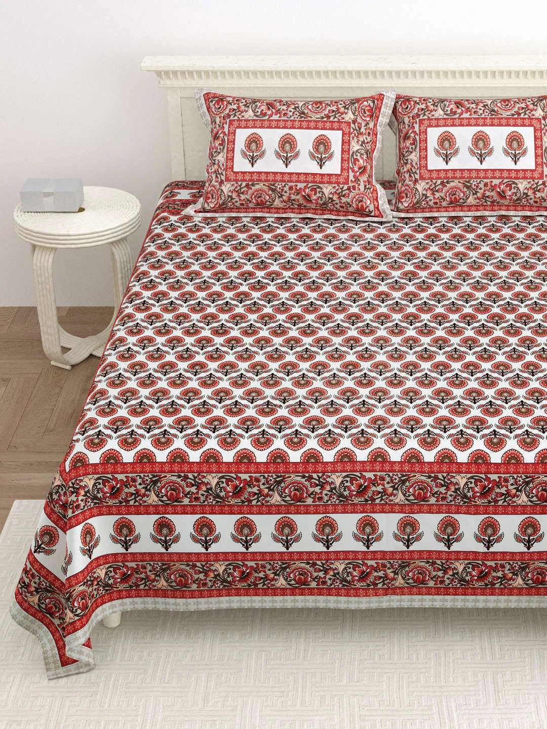 100% Pure Cotton Traditional Printed Bedsheet for Double Bed King Size Bedsheet with 2 Pillow Covers - TN Creations