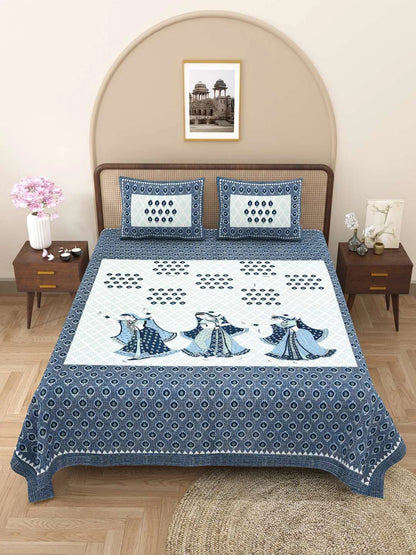 100% Pure Cotton Traditional Printed Bedsheet for Double Bed King Size Bedsheet with 2 Pillow Covers