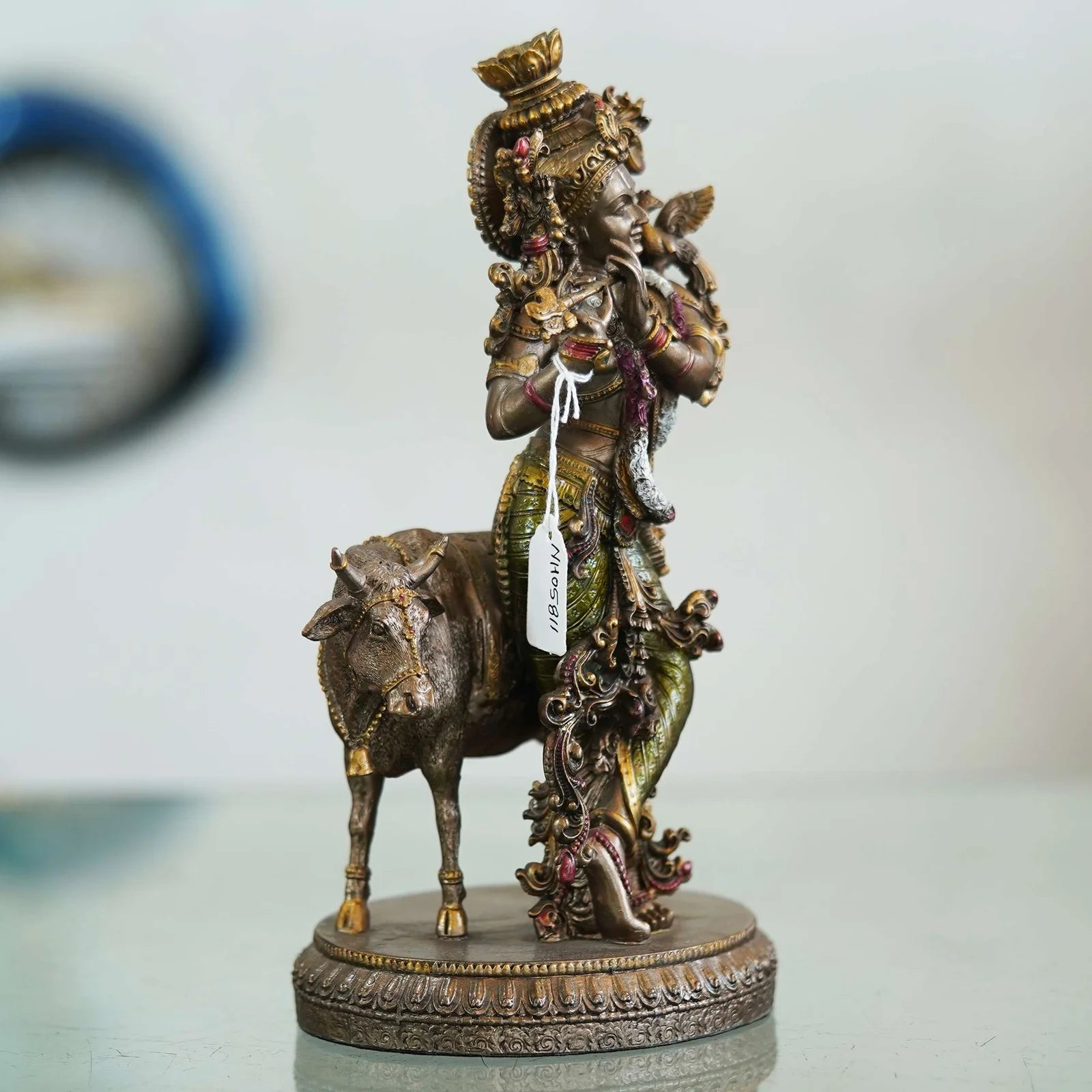Veronese Design Krishna Playing Flute with Cow Statue - TN Creations