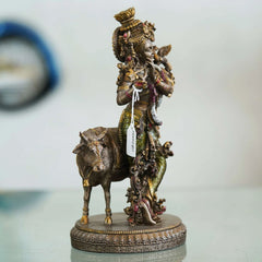 Veronese Design Krishna Playing Flute with Cow Statue - TN Creations