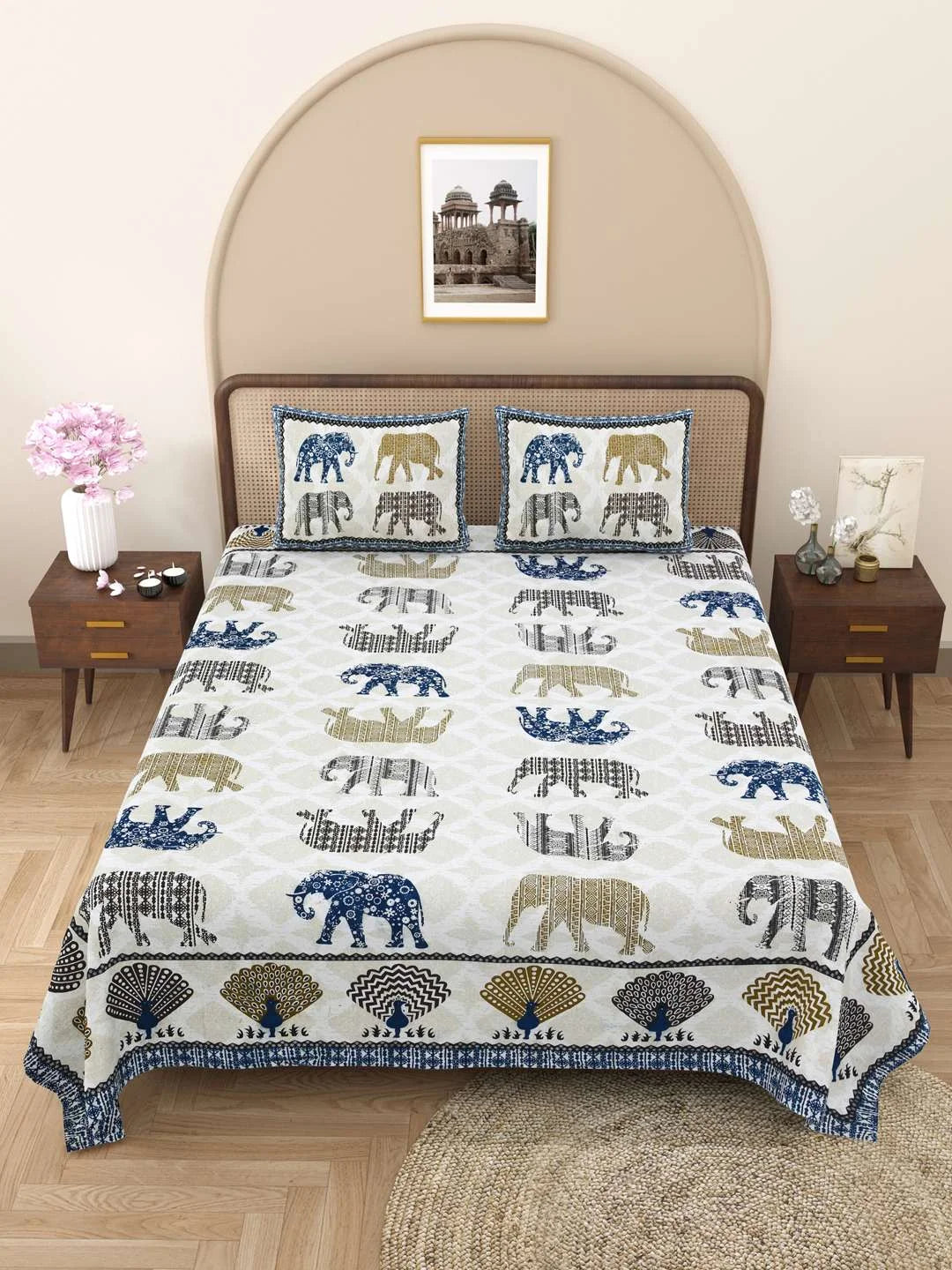100% Pure Cotton Traditional Printed Bedsheet for Double Bed King Size Bedsheet with 2 Pillow Covers